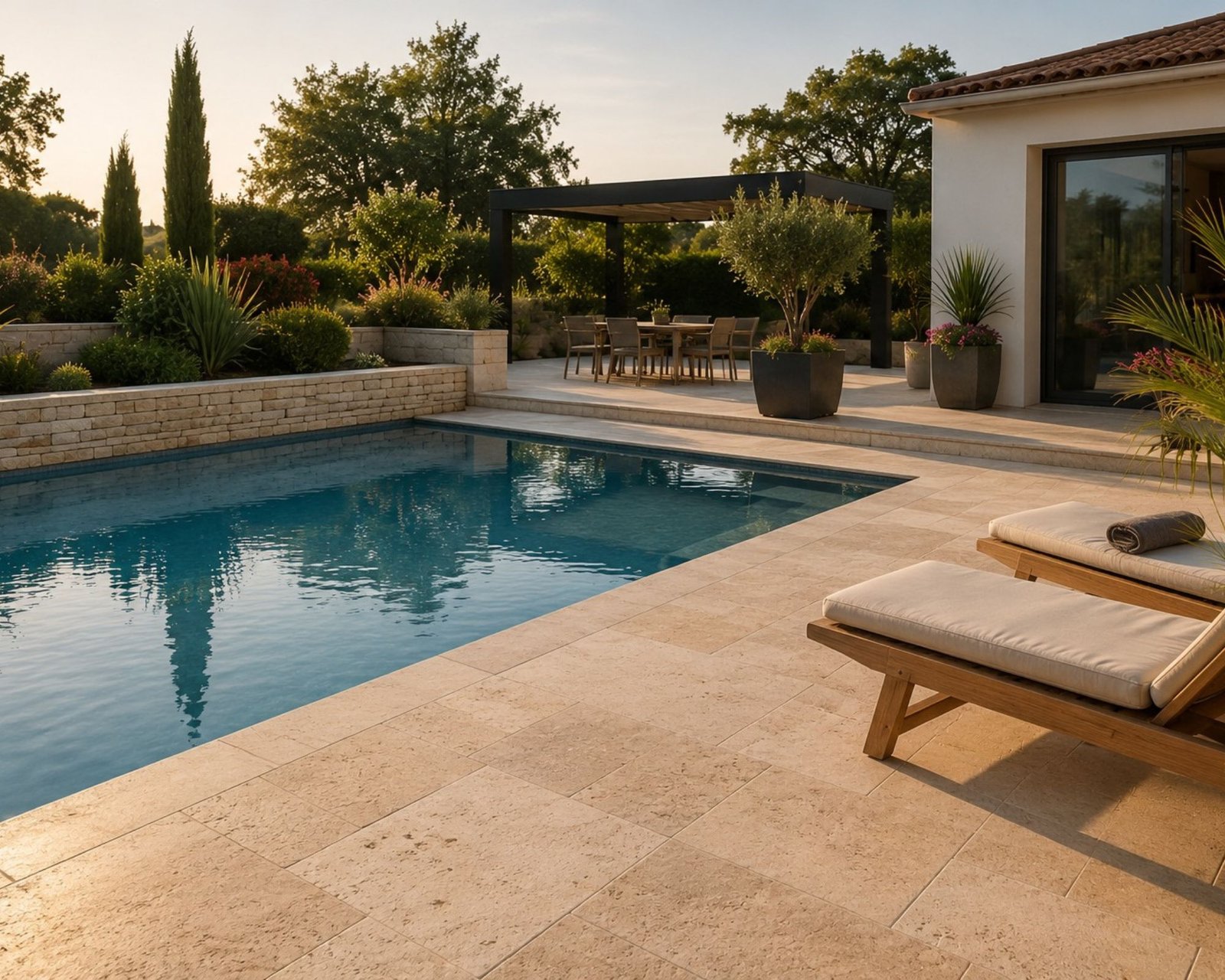 Terrasse de piscine en pierre naturelle avec espace détente réalisée par LMA Savoir-Faire en Vendée