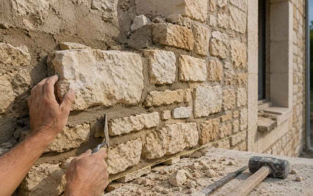 Travaux de pose de pierre naturelle sur une façade en Vendée
