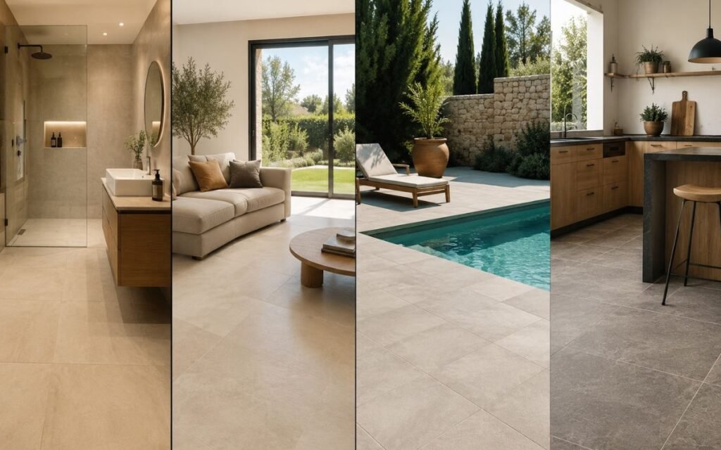 Différents styles de carrelage pour une salle de bains, un séjour, une terrasse et une cuisine