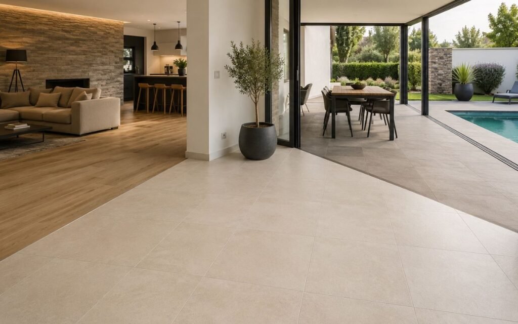 Carrelage grand format dans une maison contemporaine avec terrasse et piscine