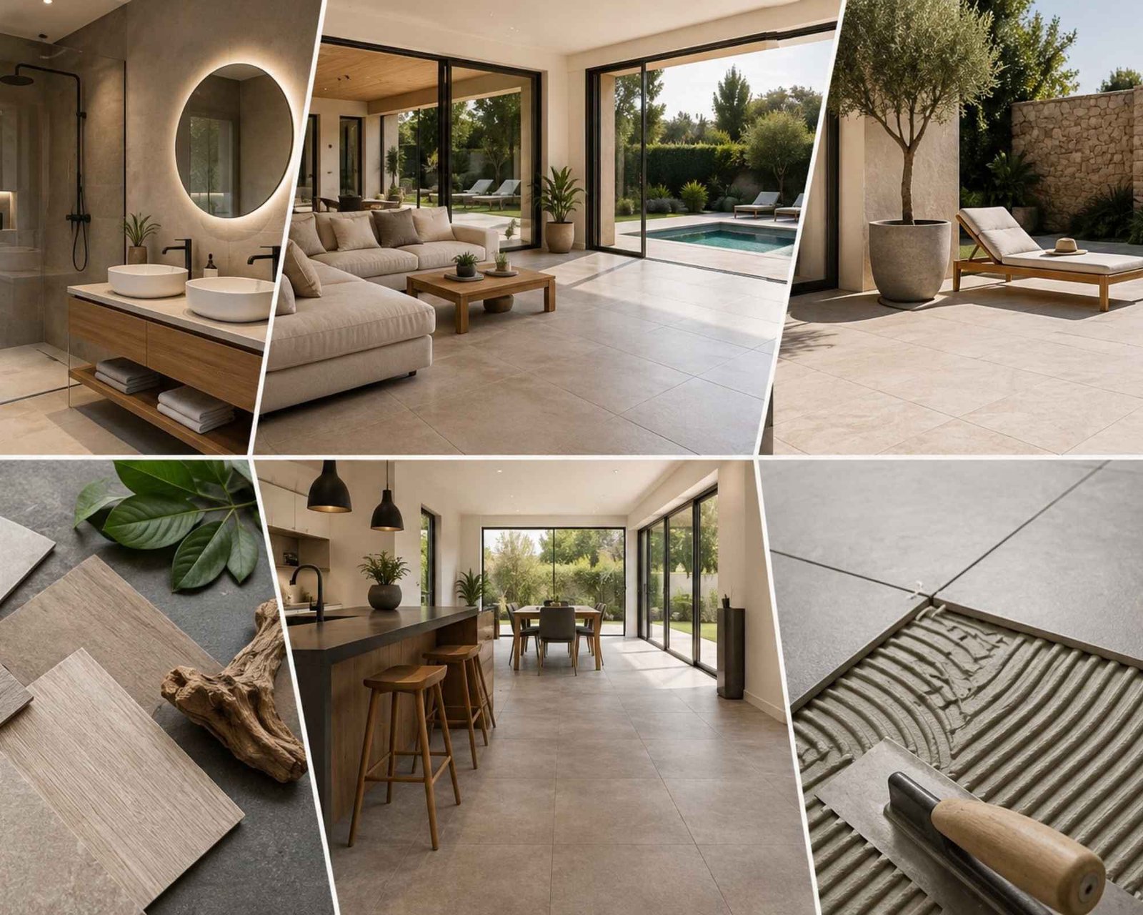 Différents styles de carrelage pour la salle de bains, le séjour, la terrasse et la piscine