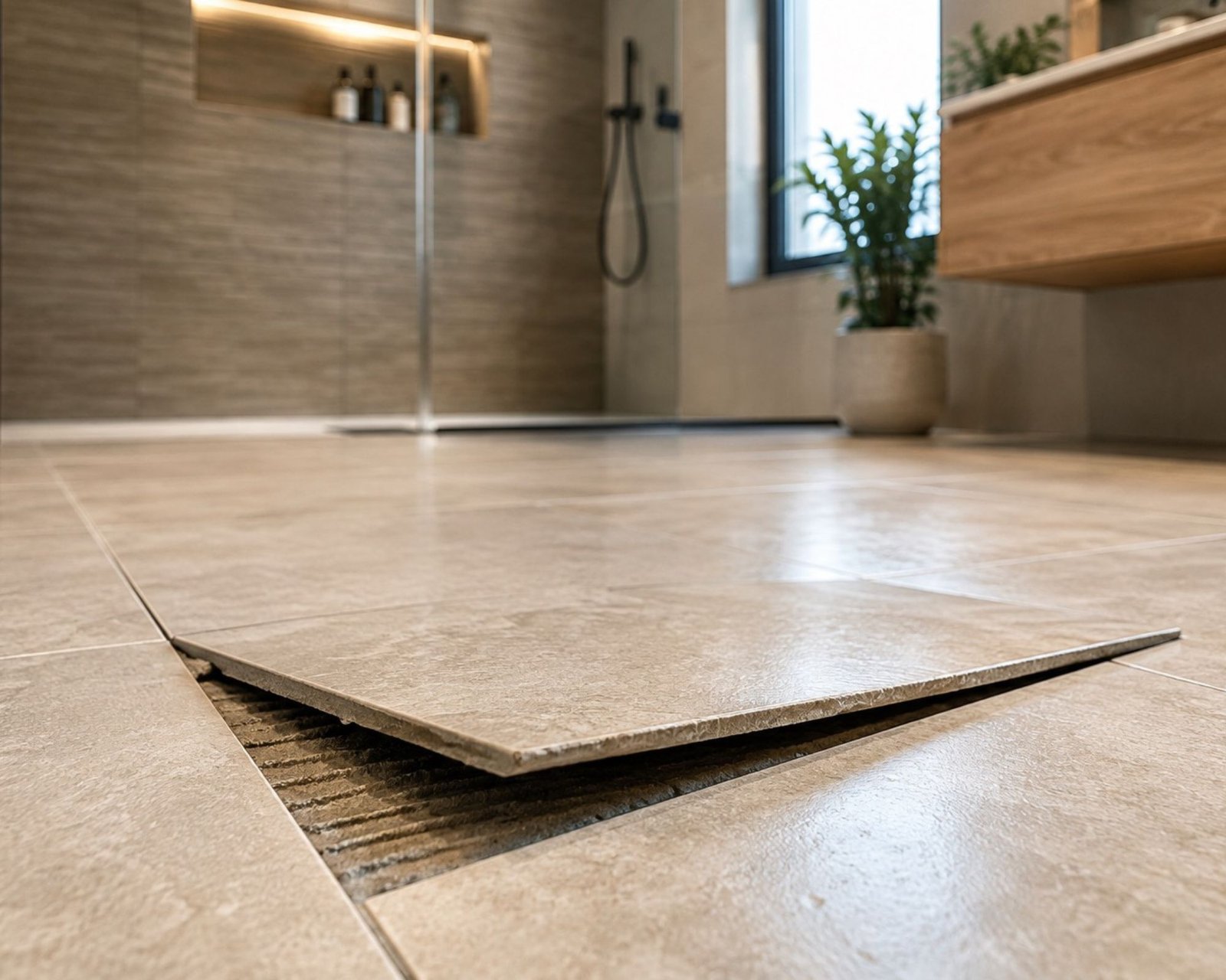 Carrelage qui se décolle dans une salle de bains moderne en Vendée