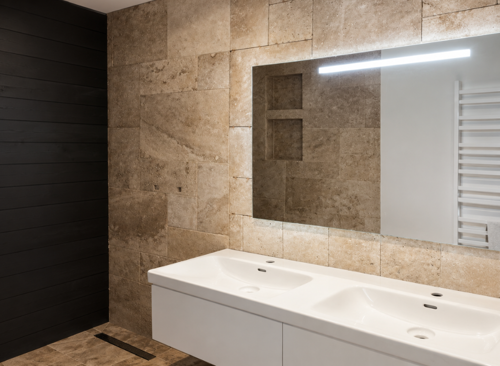 Salle de bains haut de gamme avec double vasque et douche à l'italienne réalisée par LMA Construction en Vendée.